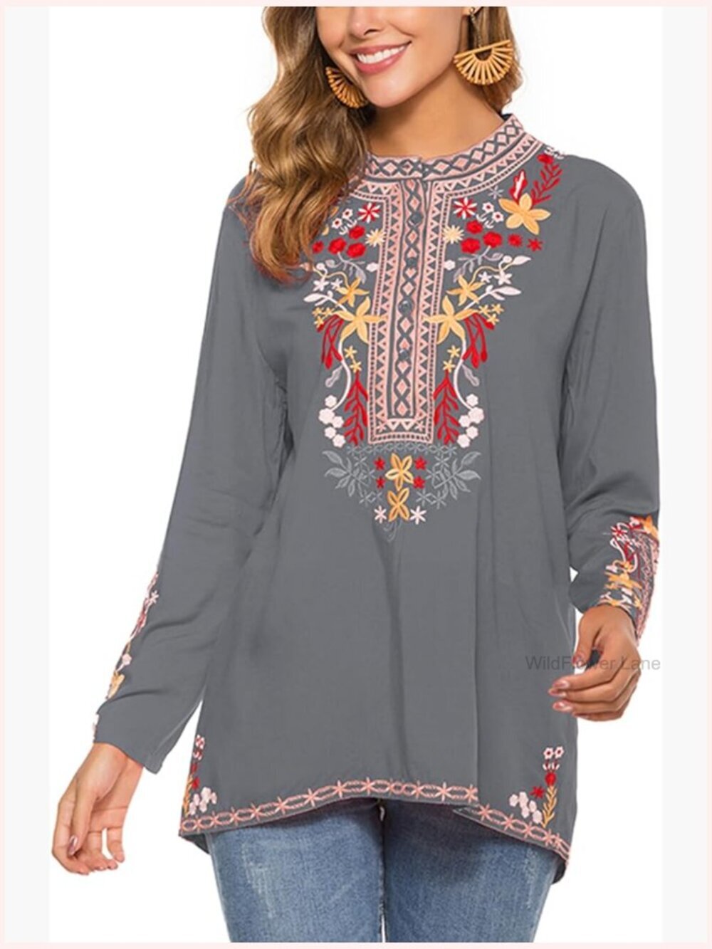 V-Neck Bohemian Floral Embroidered Tunic Peasant Blouse Long Sleeve Loose